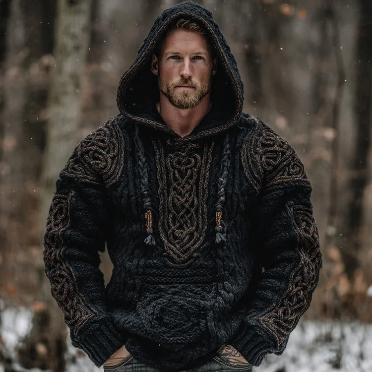 Men's Viking Celtic Knot Jacquard Knitted Hooded Sweater