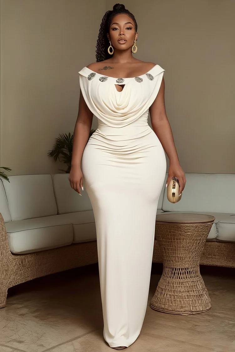 Cowl Boat Neck Alloy Decor Slim-Fit Party Maxi Dresses-White [Pre Order]