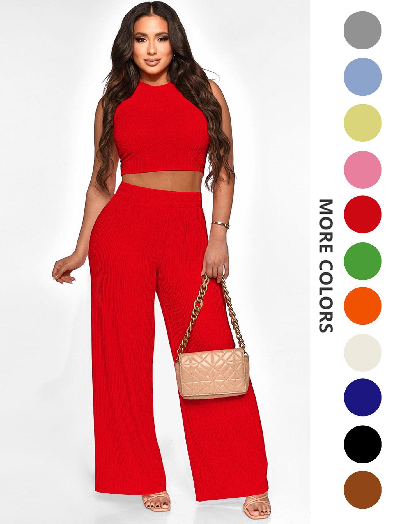 Two-Piece Set Women's Solid Textured Knit Fabric Co-ord Set Suits, Casual Round Neck Crop Tank Top & High Waist Wide Leg Pants Set, Ladies Summer Fit Clothes for Daily Wear, Womenswear Two-Piece Set Women's Solid Textured Knit Fabric Co-ord Set Suits, Casual Round Neck Crop Tank Top & High Waist Wide Leg Pants Set, Ladies Summer Fit Clothes for Daily Wear, Womenswear