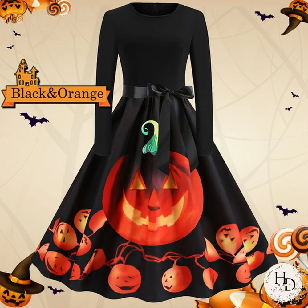 8 Colors Halloween Pumpkin Ghost Skull 3d Print Dresses Santa Claus Christmas Tree Printed Flared Swing Dresses Long Sleeve Ruched Gown Dress Xmas Festival Vestido de Mujer