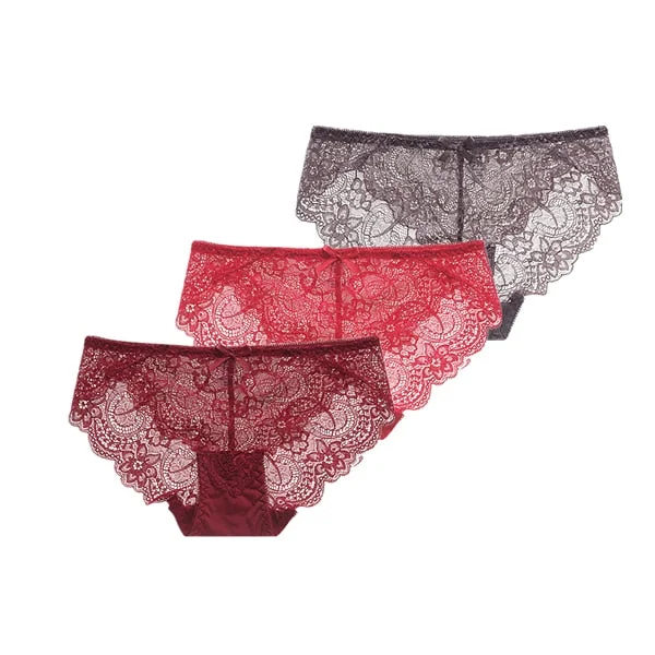 3Pcs/Lot Sexy Lace Underwear Women Transparent Low Waist Panties Cotton Crotch Briefs for Girls Breathable Seamless Lingeries