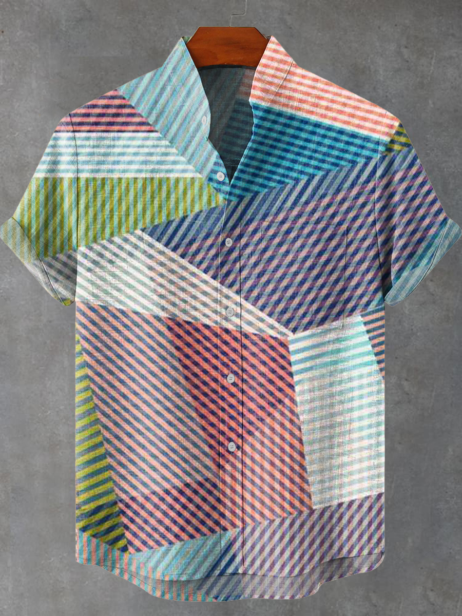 Vintage Colorful Geometric Line Drawing Art Print Casual 100% Cotton Shirt