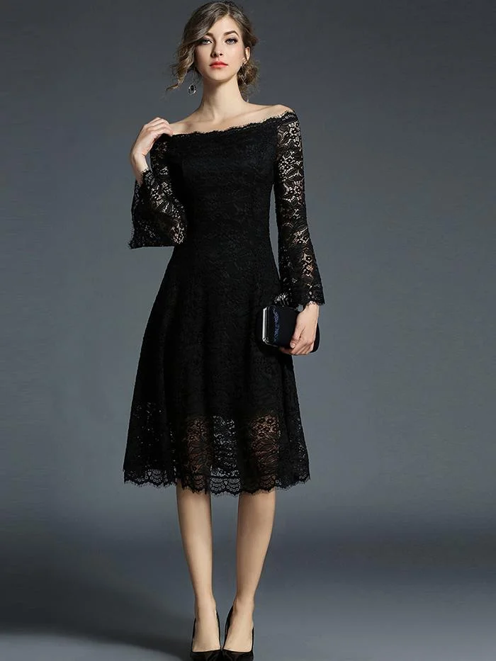 One-line collar, mid-sleeve, flared sleeve lace dress
