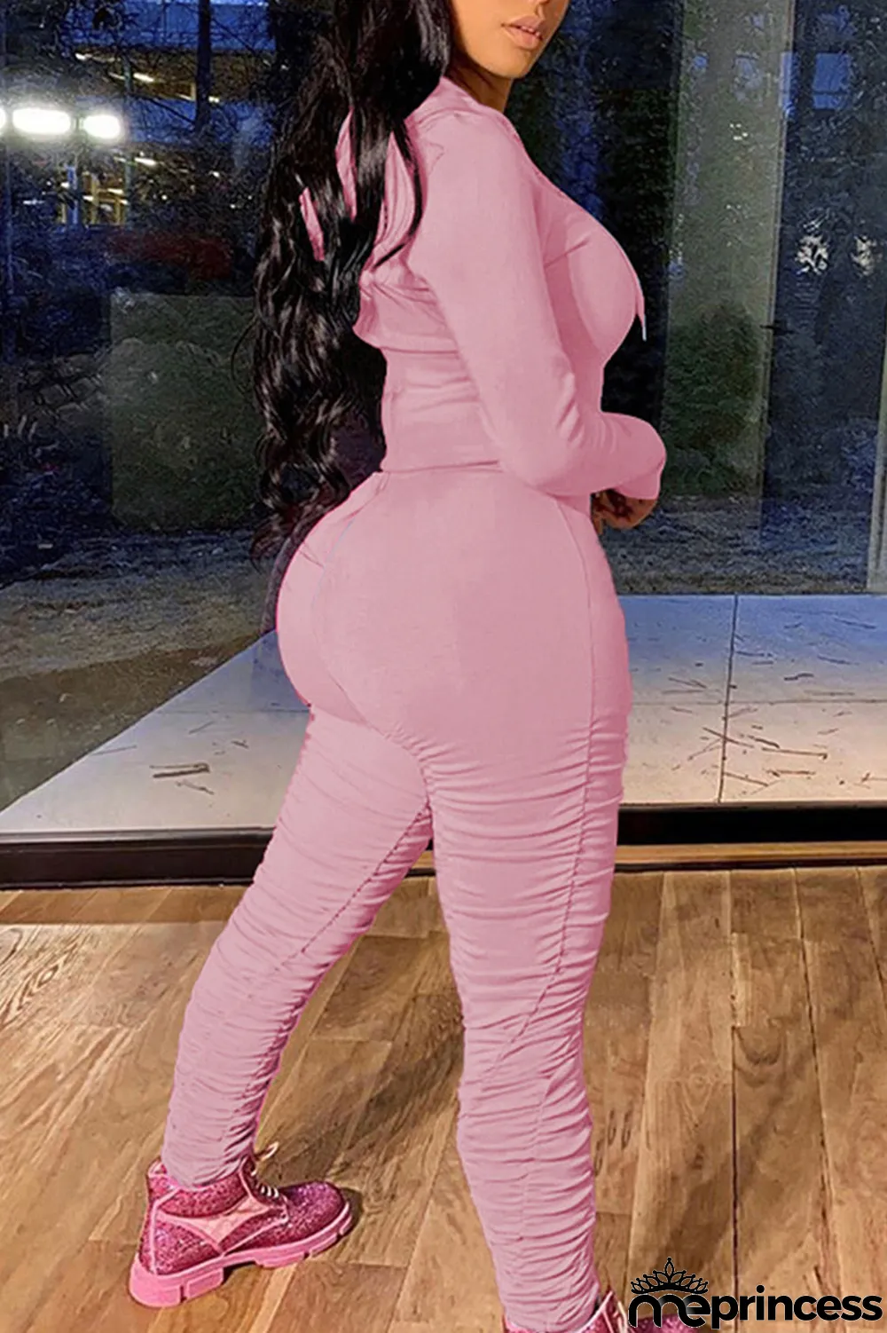 Green Fashion Solid Fold Hooded Collar Long Sleeve Two Pieces