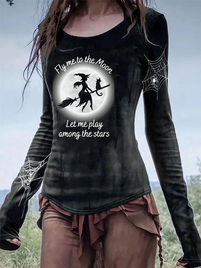 Women's Halloween Fly Me To The Moon Let Me Play Among The Starsh Print T-shirt