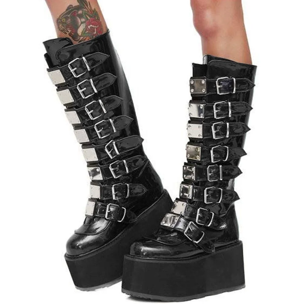Brand Design Big Size 43 Black Gothic Style Cool Punk Motorcycles Boots Female Platform Wedges High Heels Calf Boots Women Shoes 1108-1