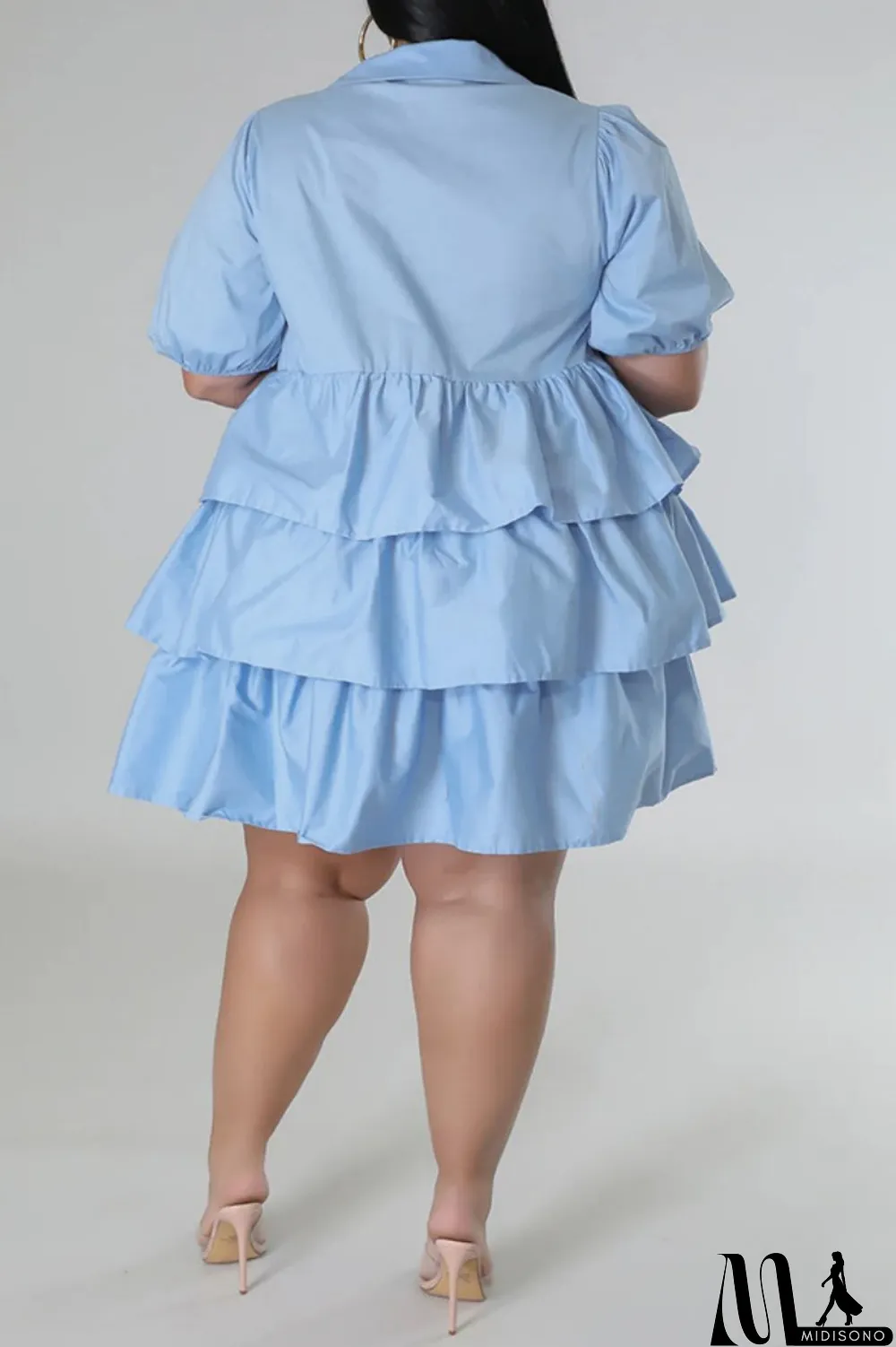 MidiSono - Light Blue Casual Solid Patchwork Turndown Collar Cake Skirt Plus Size Dresses