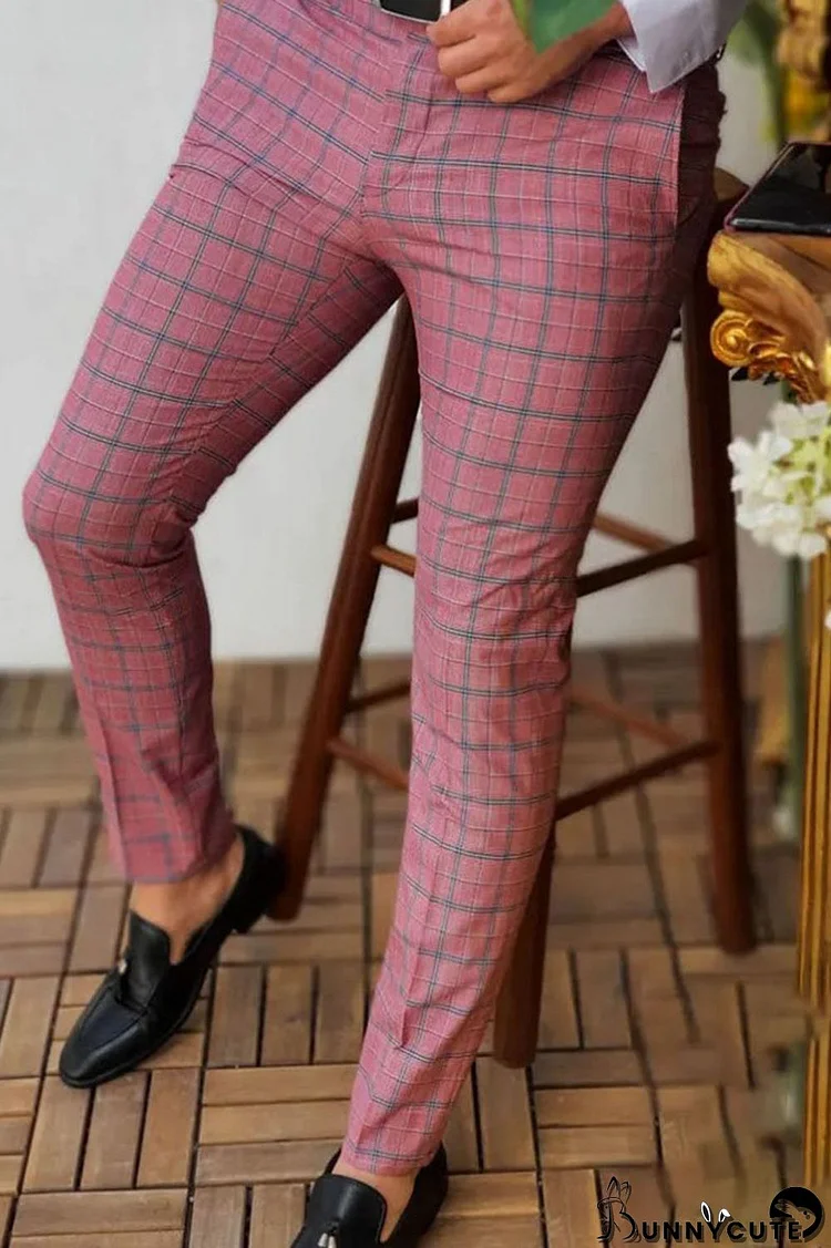 Red Fashion Casual Plaid Split Joint Mid Waist Pencil Bottoms