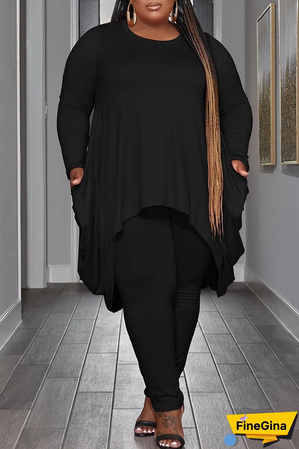 Black Casual Solid Asymmetrical O Neck Plus Size Two Pieces