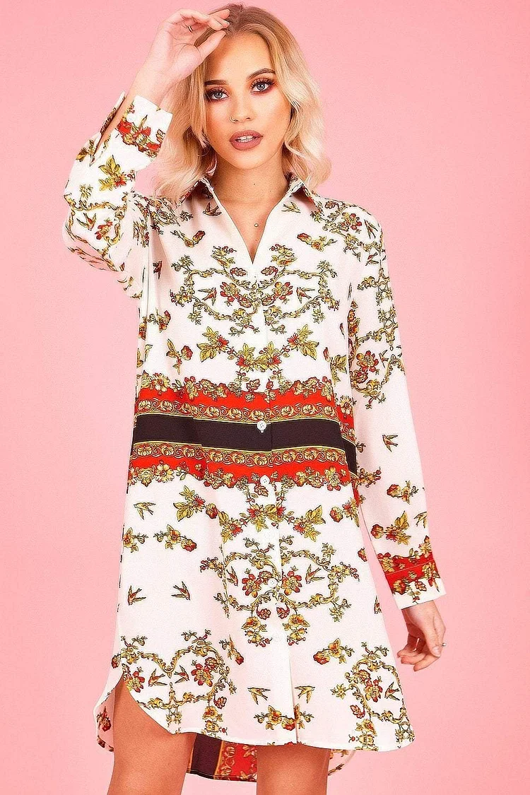 White Baroque Print Shirt Dress Katch Me
