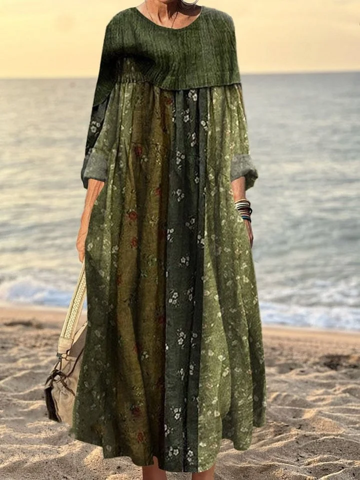 Women's Vintage Patchwork Art Print Pocket Cotton Dress