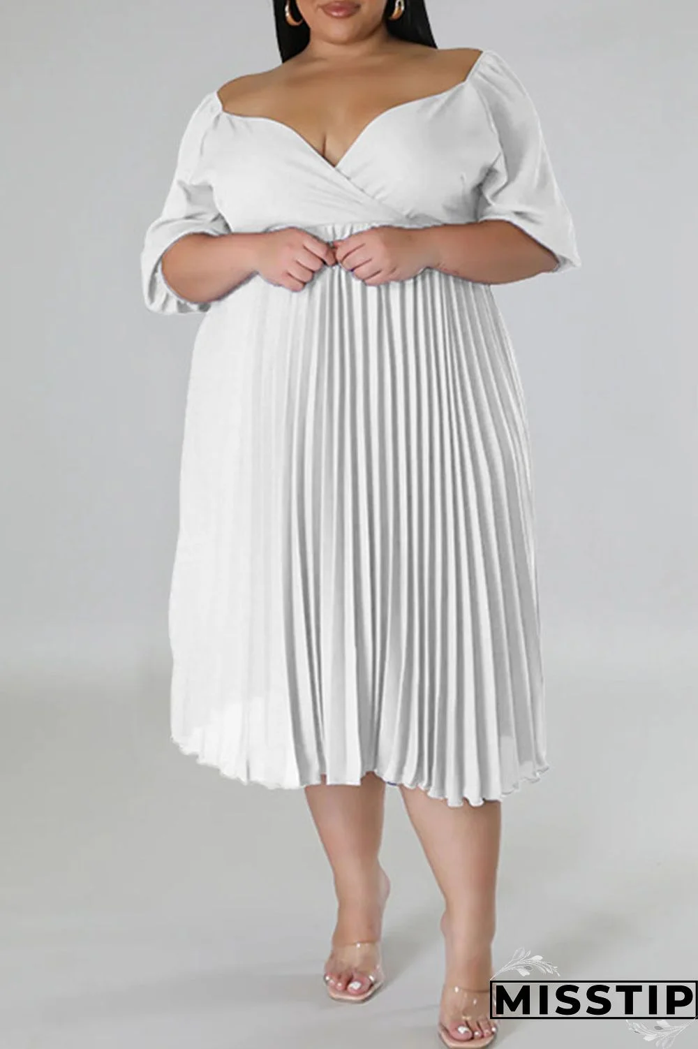 White Casual Solid Patchwork Fold V Neck Straight Plus Size Dresses