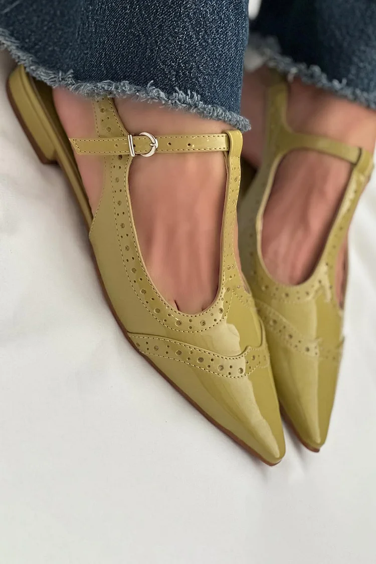 Patchwork Pointed Toe T-Strap Buckle Slingback Green Flats [Pre Order]