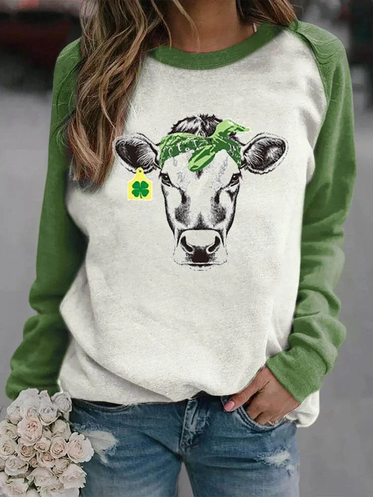 Cow print round neck long-sleeved sweatshirt-Mayoulove