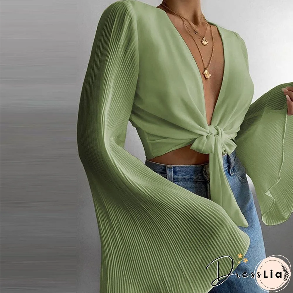 Spring Flare Long Sleeve Beach Shirts Blouse Solid Sexy Deep V Neck Women Shirt Blusas Summer Tie-Up Hollow Out Tops Streetwear