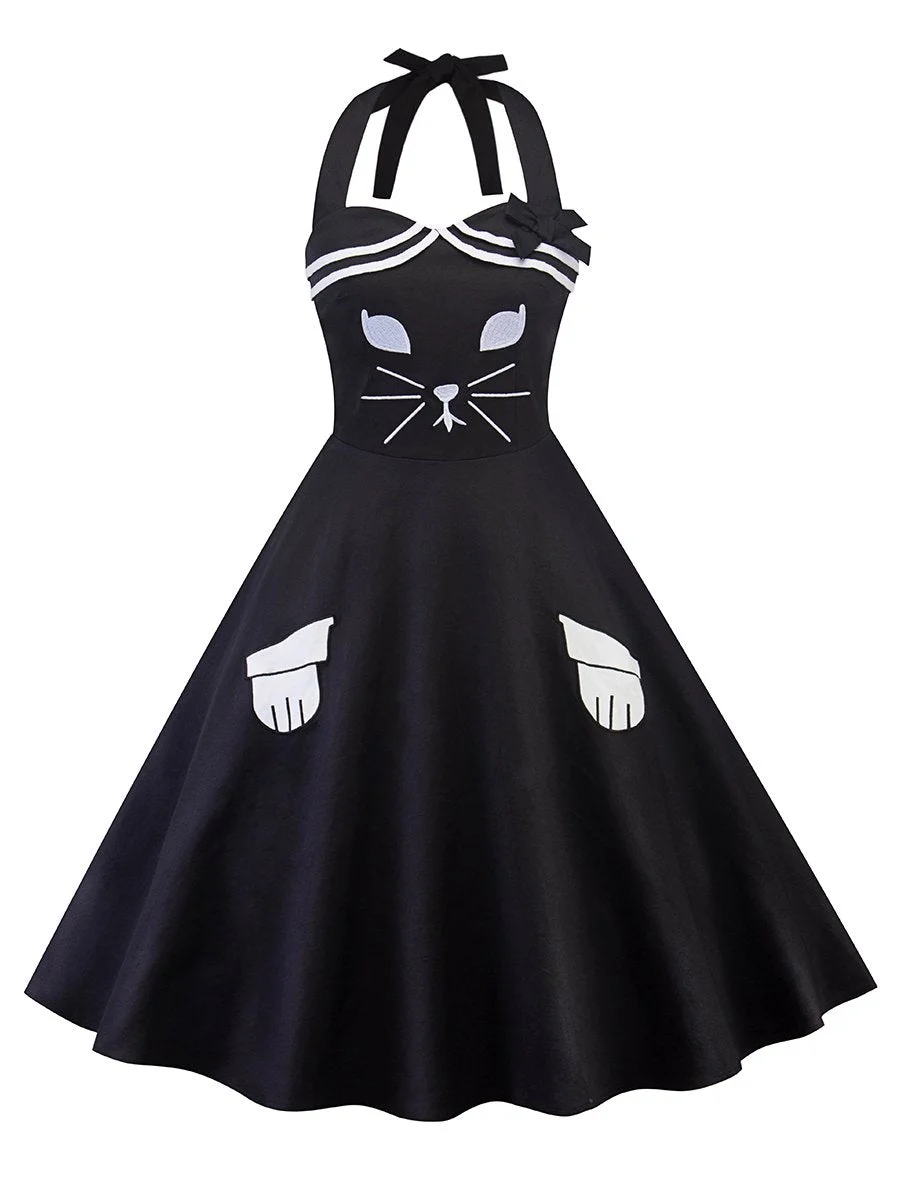 1950s Vinatge Cat Pattern Halterneck Aline Dress