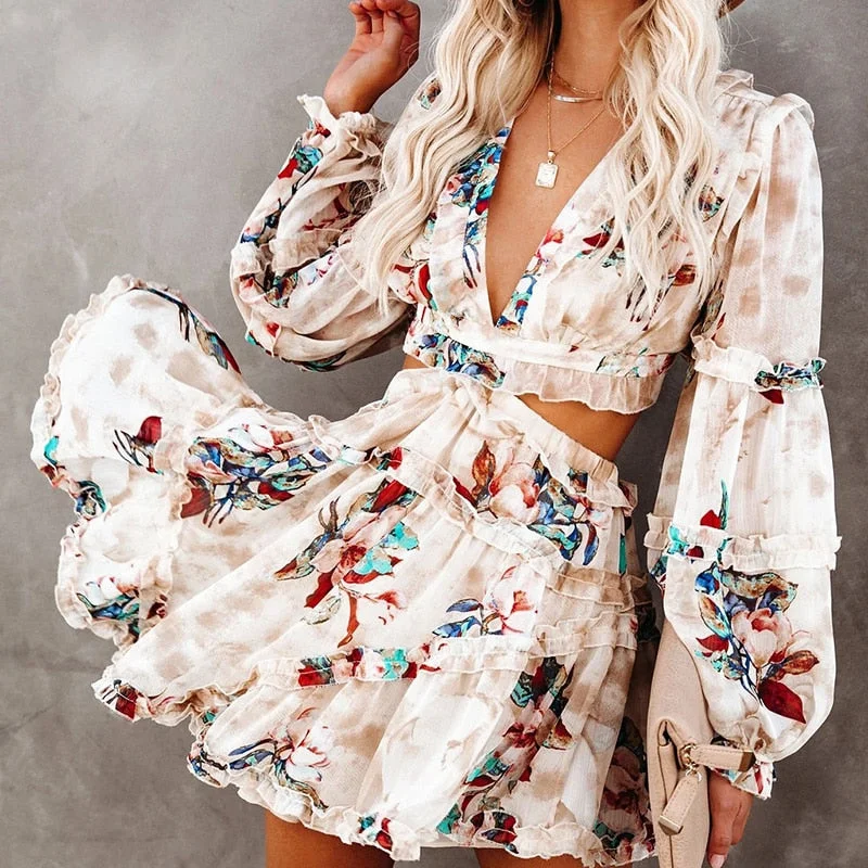 Sexy Deep V-Neck Hollow Women Mini Dress Elegant Floral Print Long Sleeve Lady Streetwear Casual Sweet Femme Party Dress Vestido