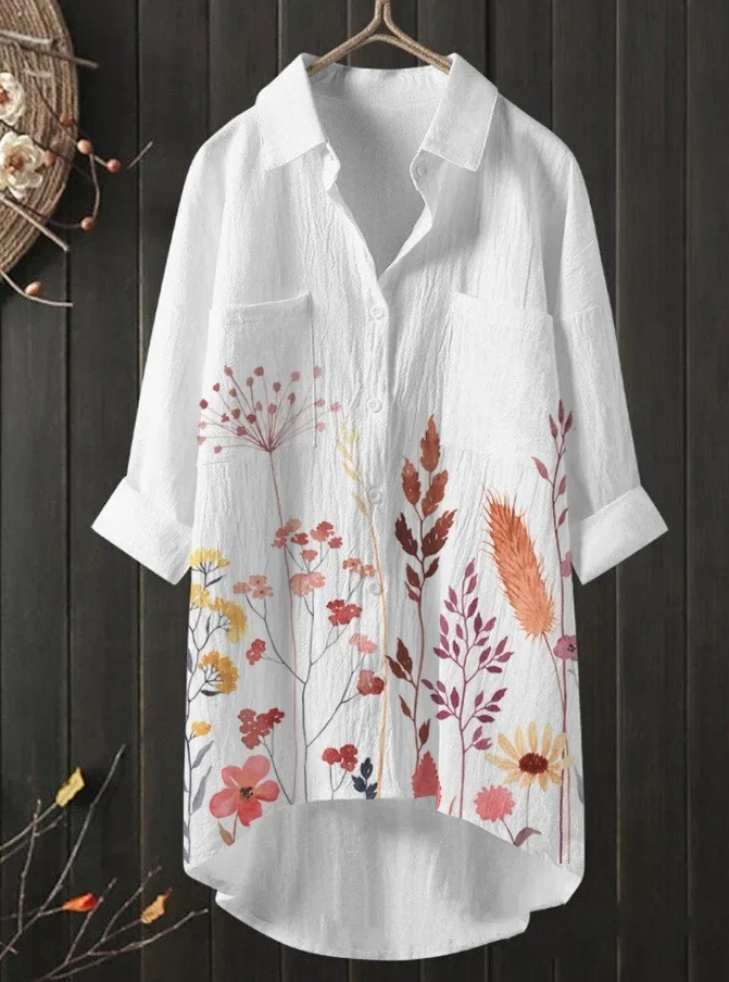 Printed Pocket Long Sleeve Irregular Hem Loose Casual Shirt