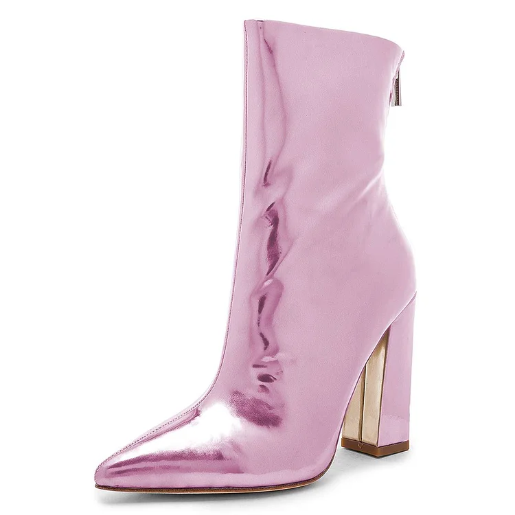 Pink Mirror Leather Chunky Heel Boots Ankle Boots |FSJ Shoes