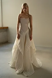 chic beige pleated strapless contrast color stitching prom dress zt0609 Chic Beige Pleated Strapless Contrast Color Stitching Prom Dress ZT0609
