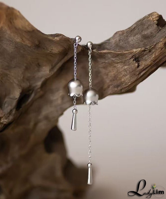 Chinese Style Silk Sterling Silver Aasymmetric Tassel Drop Earrings