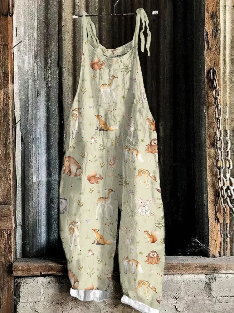 Women's Cute Print Linen Blend Casual Jumpsuit