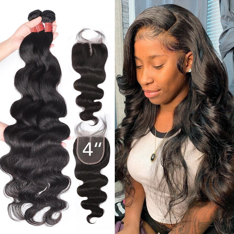 Body Wave 28 30 32 40 Inch 3 4 Peruvian Hair Weave Bundles With 4X4 Lace Closure Remy Human Hair Weaves For Black Women US Mall Lifes