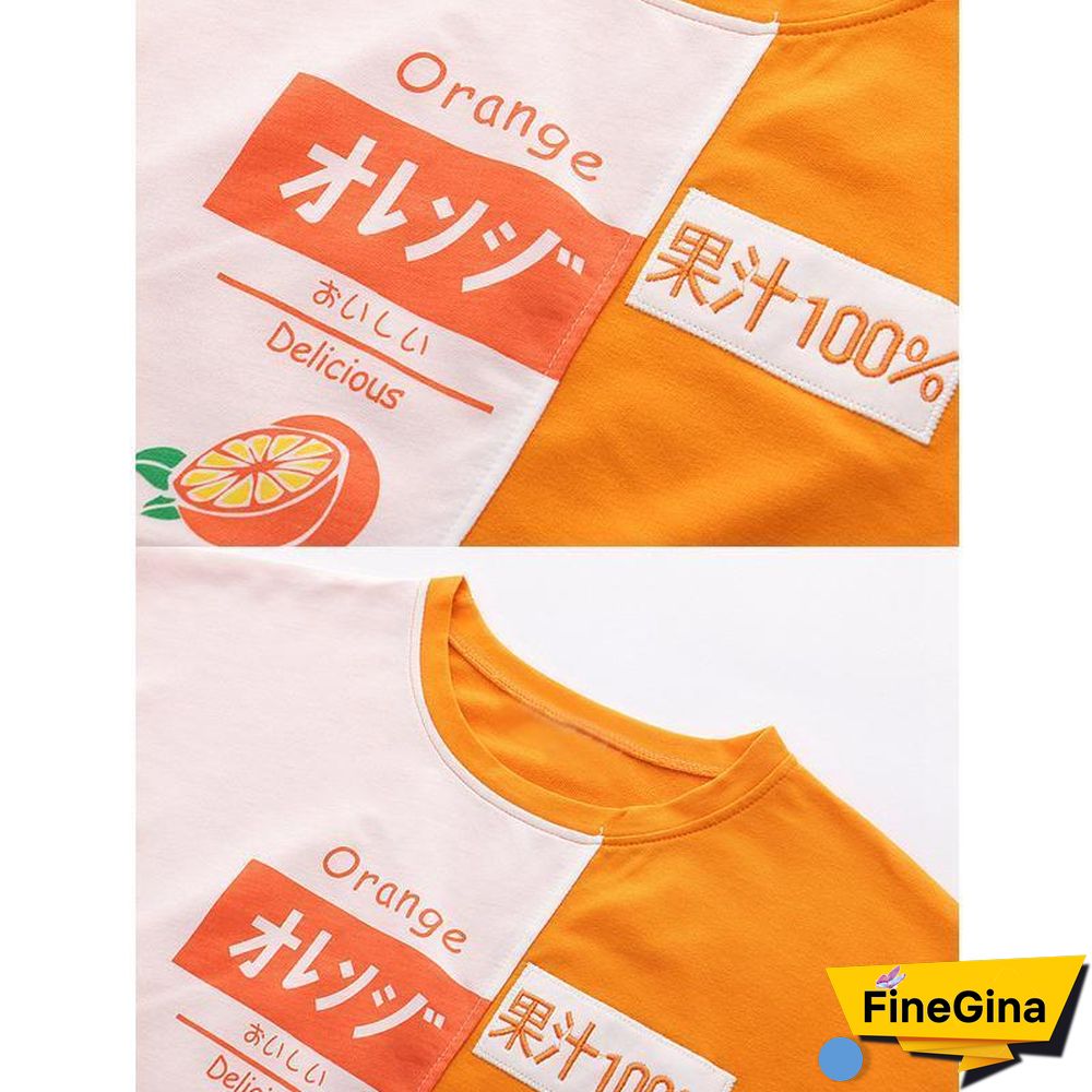 Japanese Orange Letter Print Color Block T-shirt
