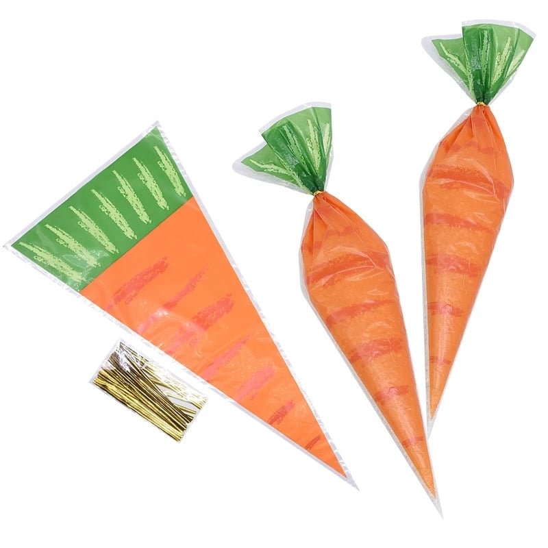 20pcs Carrot Candy Bags Easter Bunny Rabbit Plastic Cookies Cones Chocolate Gift Bag Spring Birthday Party Decoration Supplies