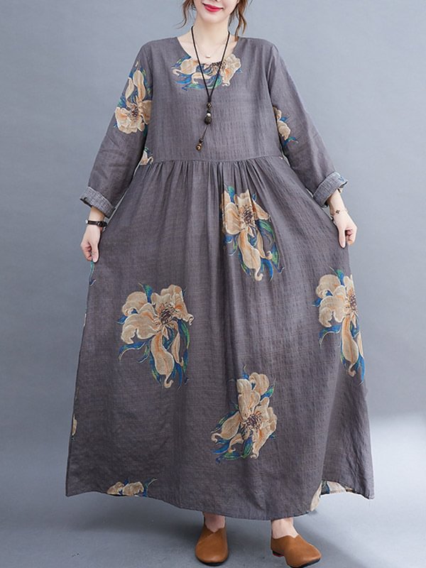 Casual Loose Pleated Flower Printed Round-Neck Long Sleeves Maxi Dress