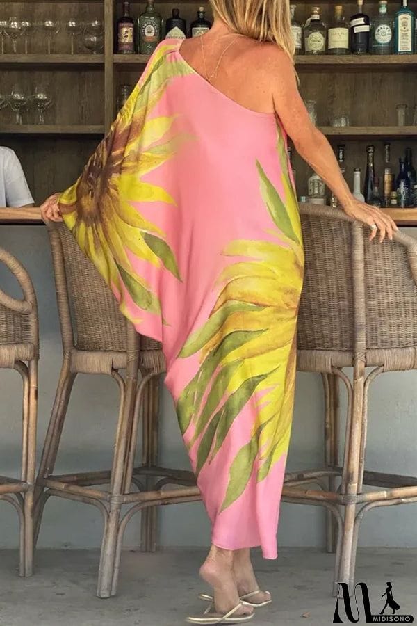 MidiSono - Floral Print One Shoulder Maxi Dress