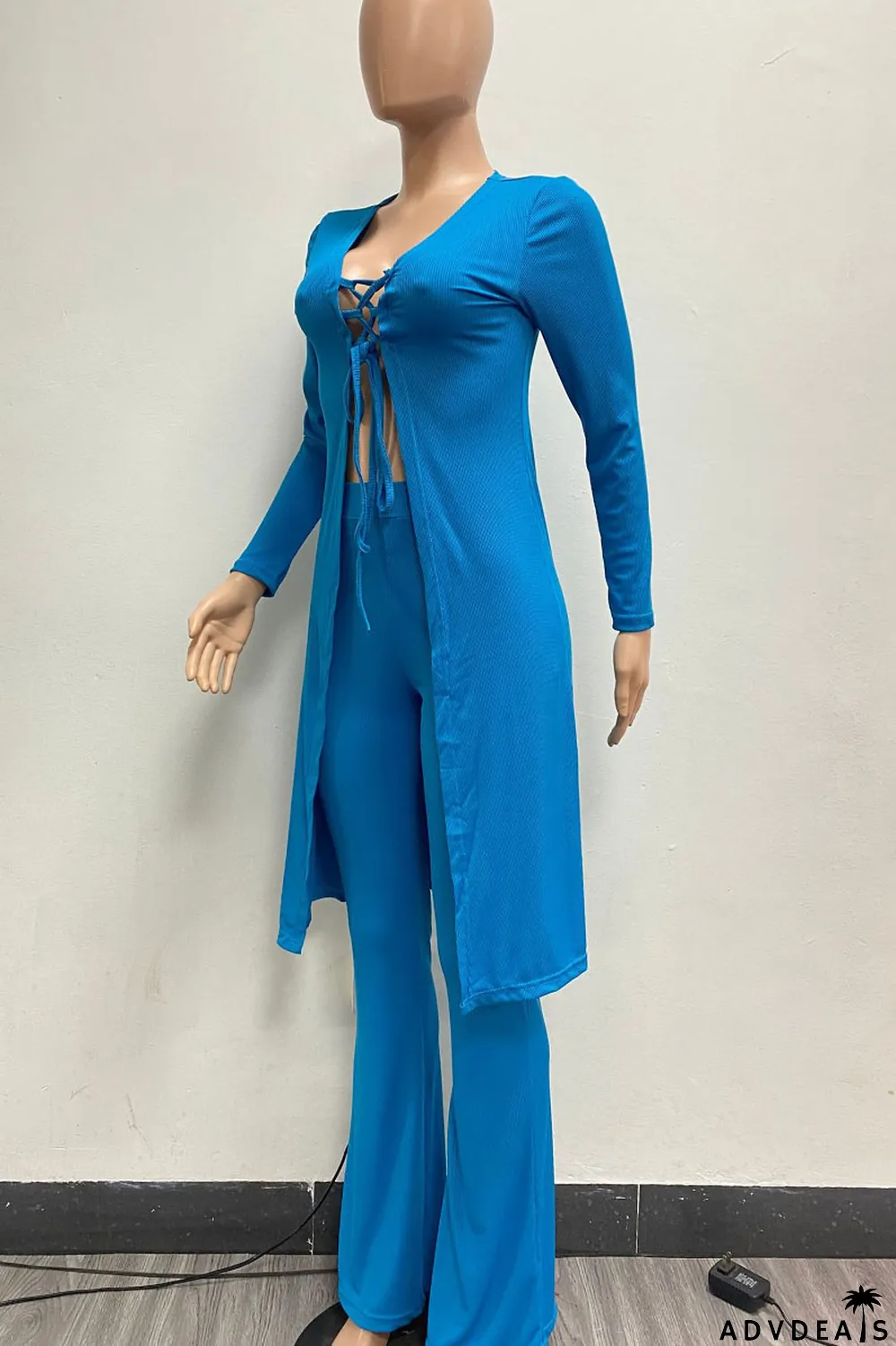 Black Sexy Solid Bandage Patchwork V Neck Long Sleeve Two Pieces