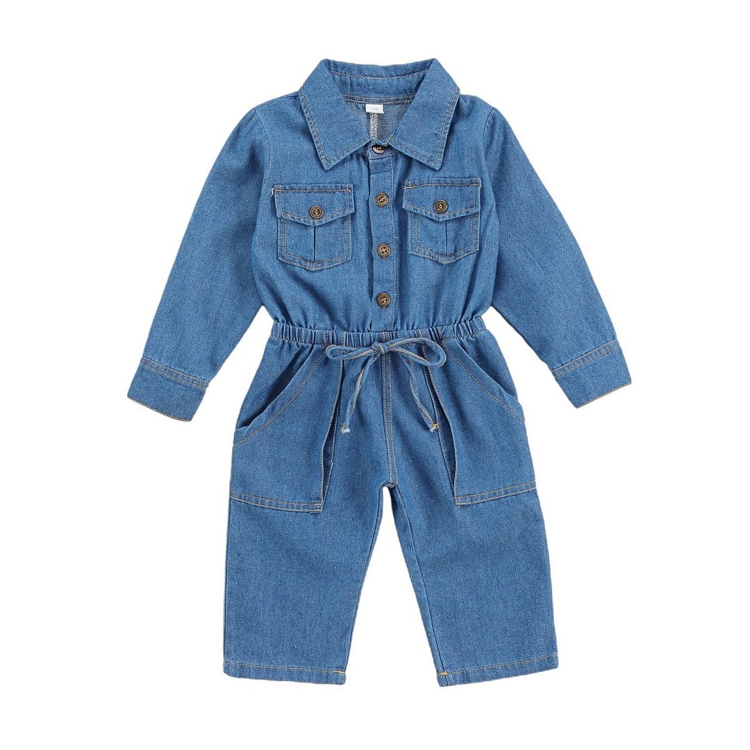 Infant Kids Baby Girl Romper, Denim Jumpsuit, Fall Long-Sleeved Lapel Collar Chest Pocket Lace-up High Waist Clothes