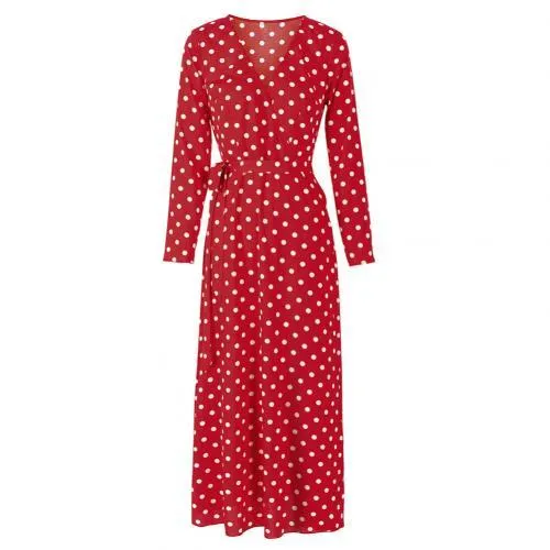 S-3XL Sexy Women Beach Polka Dot Bandage High Split Deep V Long Sleeve Maxi Dress Length Vestido Summer Dresses Party Vestidos