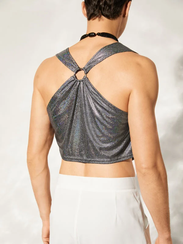 Aonga - Mens Shiny Metallic Ring Back Crop Tank