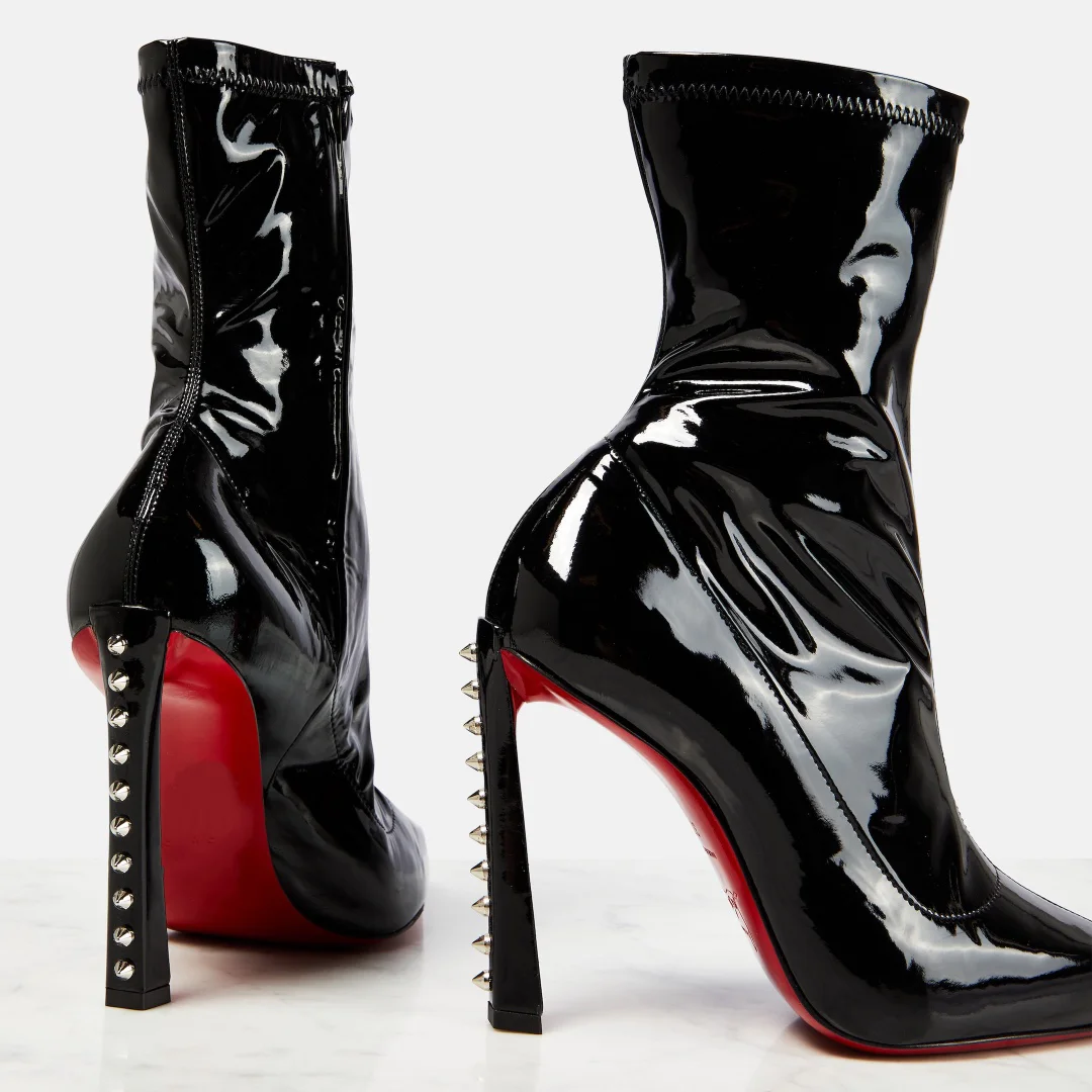 85mm Women's Mirrored Patent Leather Black Rivet Red Bottom Ankle Boots-MERUMOTE