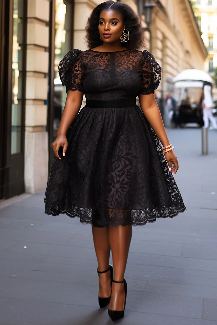 Xpluswear Design Plus Size Cocktail Party Black Elegant Round Neck Puff Sleeve Short Sleeve See Through Lace Midi Dresses [Pre-Order] 2024 - Xpluswear