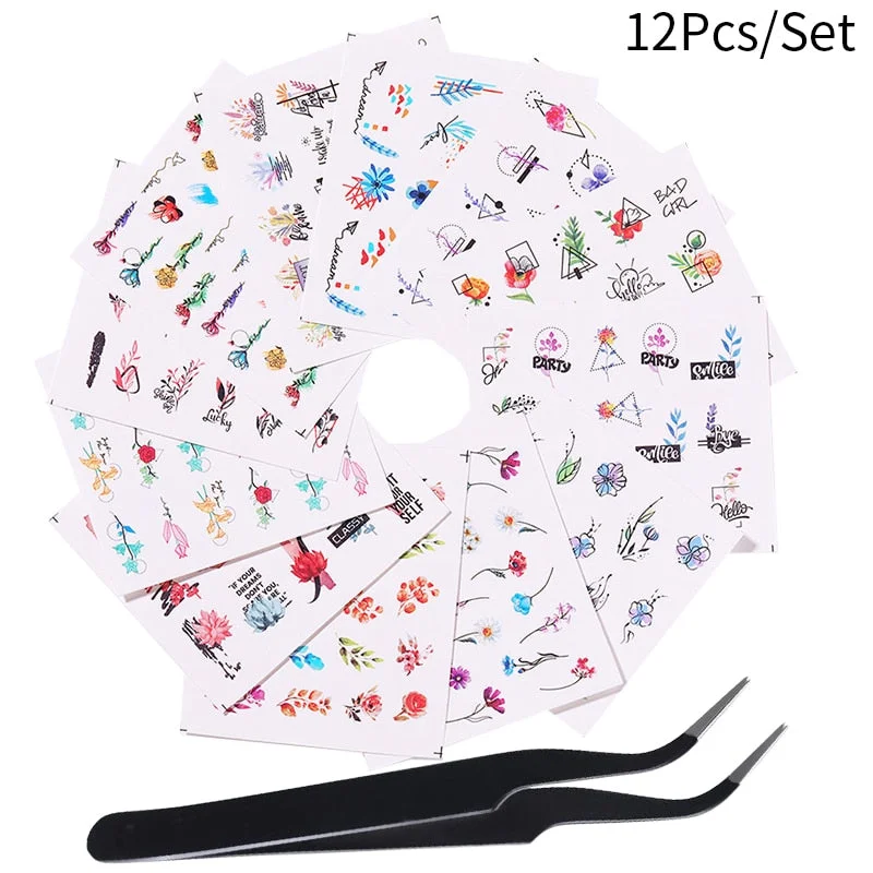 1 Tweezers +12 Water Decals Stickers Spring Summer Flower Leaves Butterfly Geometric Lots Nail Art Tattoo Decorations Manicures