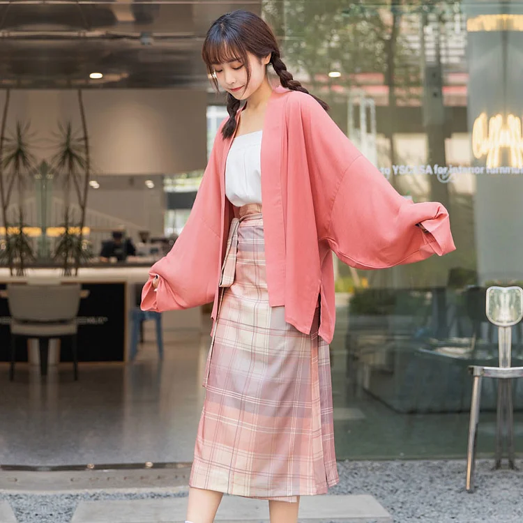 Vintage Plaid Belt Dress Outerwear Three-piece Set - Modakawa Modakawa