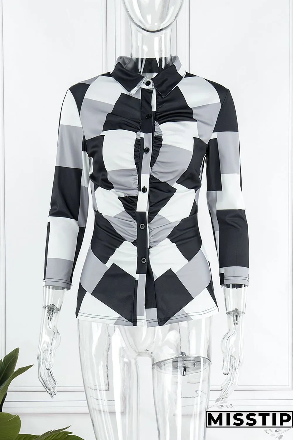 Black Red Casual Print Patchwork Shirt Collar Tops