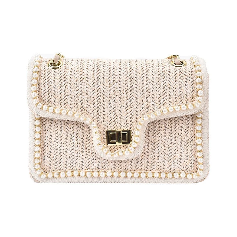 Women's Bag Chain Straw Summer 2021 New Fashion Pearl Hand-Woven Straw Shoulder Bags Beach Small Square Female Crossbody Handbag