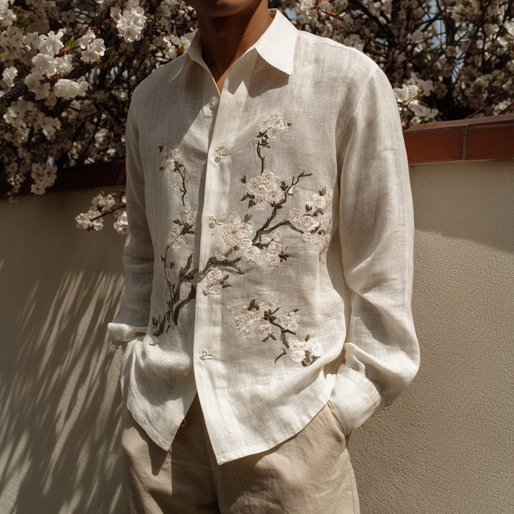 Men's Japanese Plum Blossom Art Linen Blouse  artssus