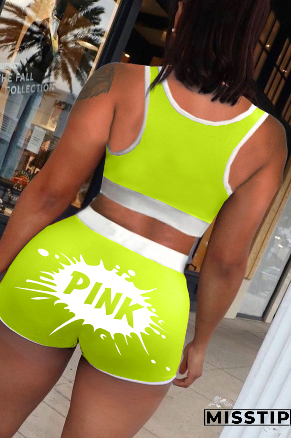 Black Street Print Patchwork U Neck Plus Size Two Pieces