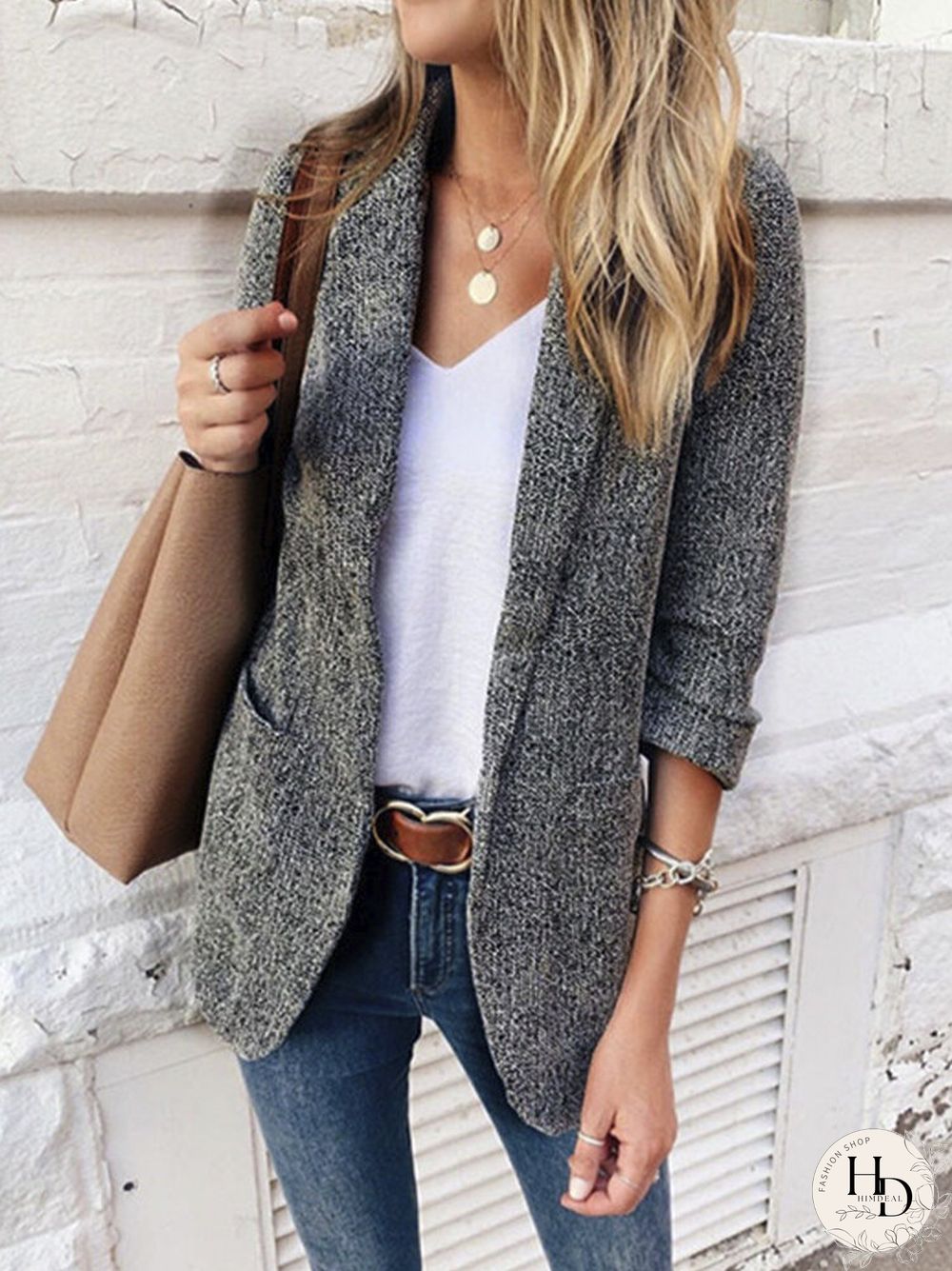 Solid Color Long Sleeve Lapel Collar Pocket Blazer For Women