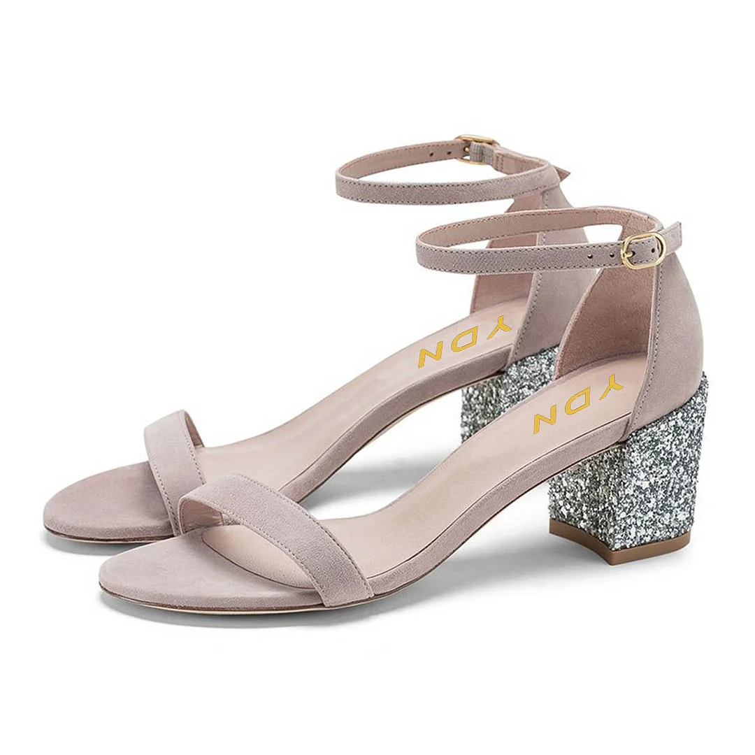 Stylish Nude Round Toe Chunky Heel Glitter Ankle Strap Sandals