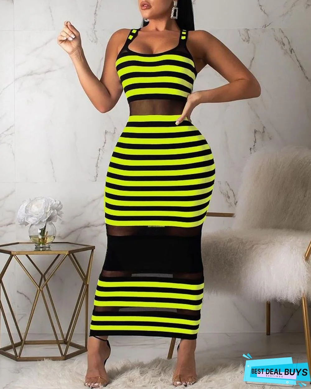 Thin Strap Striped Mesh Dress