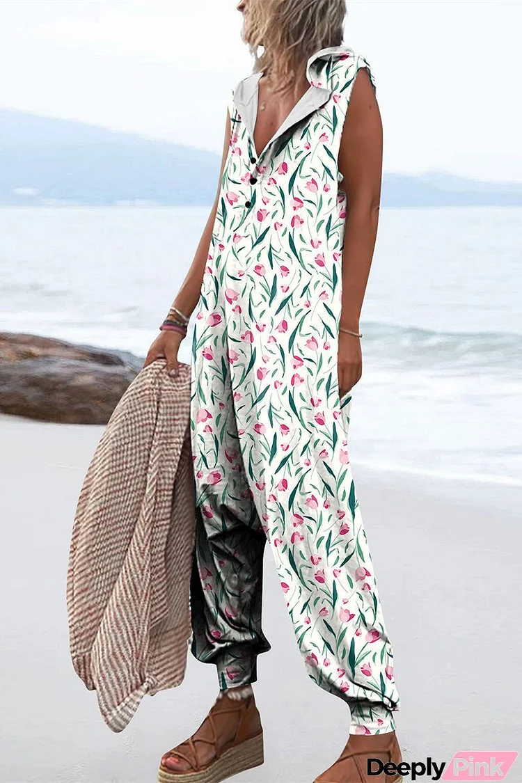 Casual Print Patchwork Hooded Collar Loose Jumpsuits