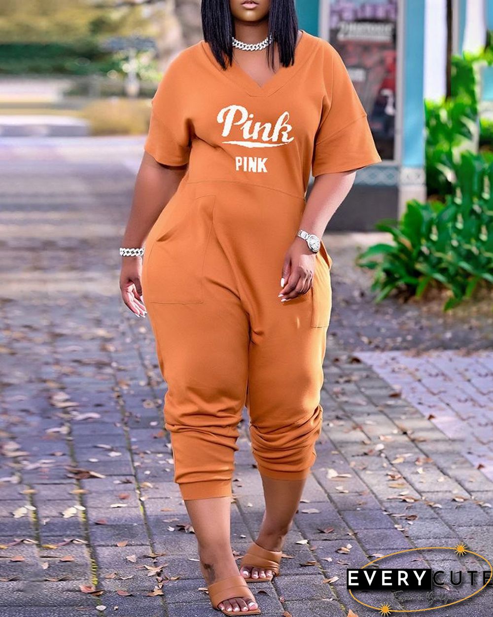 Letter Print V-Neck Short Sleeve Pocket Design Jumpsuit