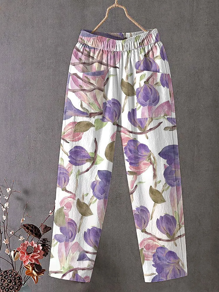 Women's Vintage Flower Art Print Cotton And Linen Casual Pants