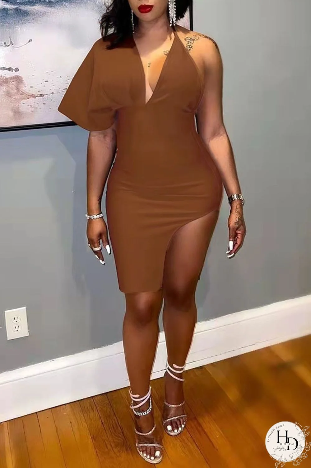Brown Sexy Solid Split Joint Backless Asymmetrical Irregular Dress Dresses